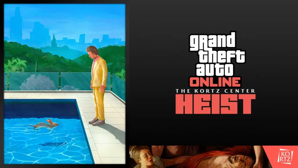 Tableau style David Hockney avec le logo de la mise à jour de GTA Online : Le Braquage du Kortz Center.