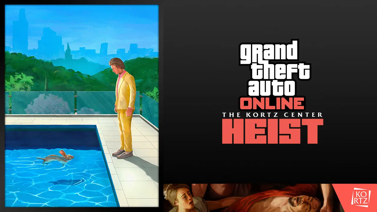 Tableau style David Hockney avec le logo de la mise à jour de GTA Online : Le Braquage du Kortz Center.