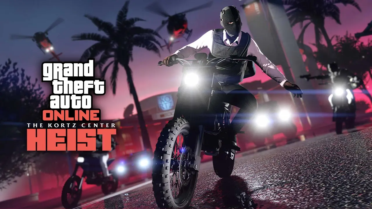 Plusieurs joueurs de GTA Online en fuite en moto, tentant de s'échapper en étant poursuivi par la police lors du braquage du musée.