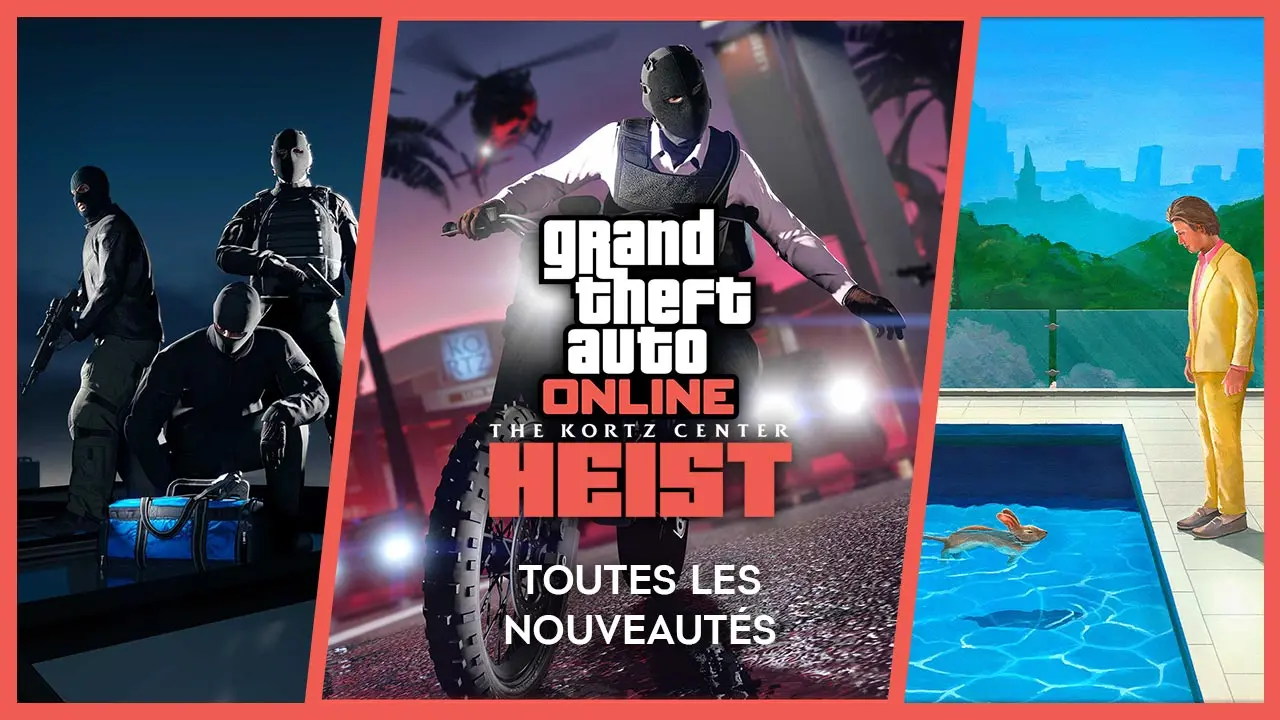 Mosaïque d'images de la mise à jour « Le Braquage du Kortz Center » de GTA Online. Le logo du DLC apparait au centre de l'image avec le texte « TOUTES LES NOUVEAUTÉS ».
