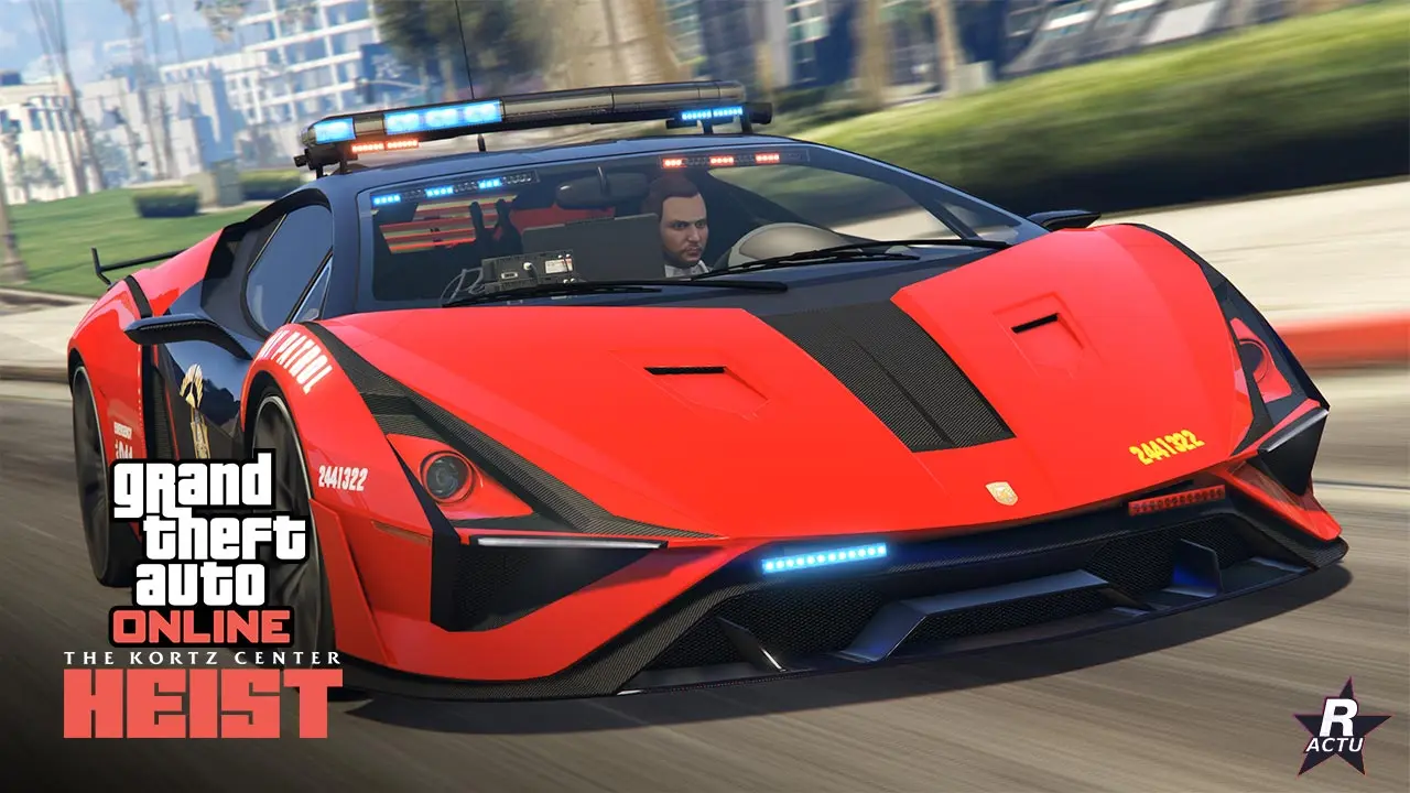 Voiture de police Pegassi Ignus de poursuite / Pegassi Ignus Pursuit peinte en rouge roulant avec des gyrophares allumés dans une rue de GTA Online.
