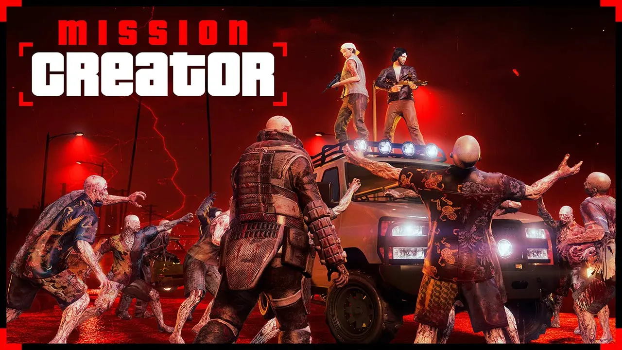 Image promotionnelle  de l'éditeur de missions Rockstar, où des joueurs sont débout sur le toit d'un véhicule, entouré de zombies.