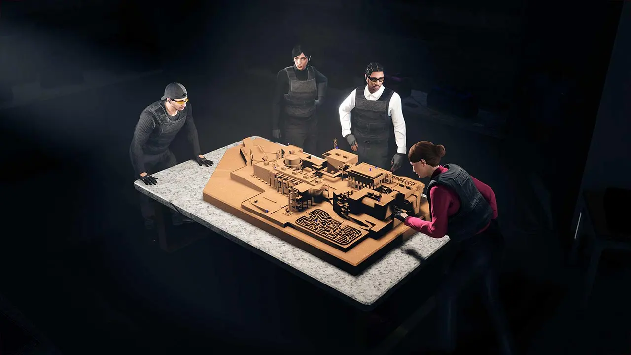 Des joueurs attablés autour de la maquette du musée, planifiant le braquage du Kortz Center.