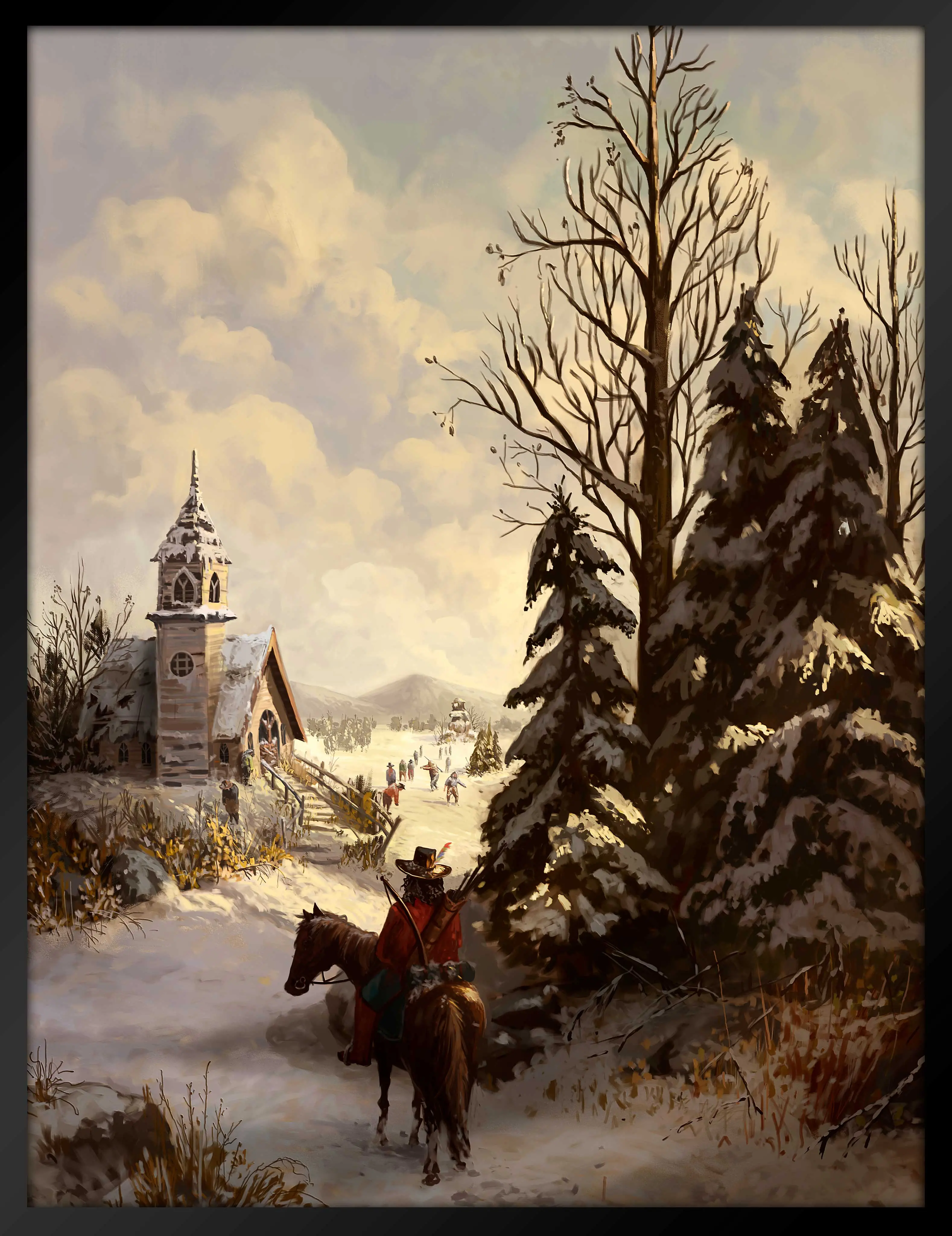 Tableau de North Yorkton de GTA V sous la neige, avec un cowboy de Red Dead Redemption 2