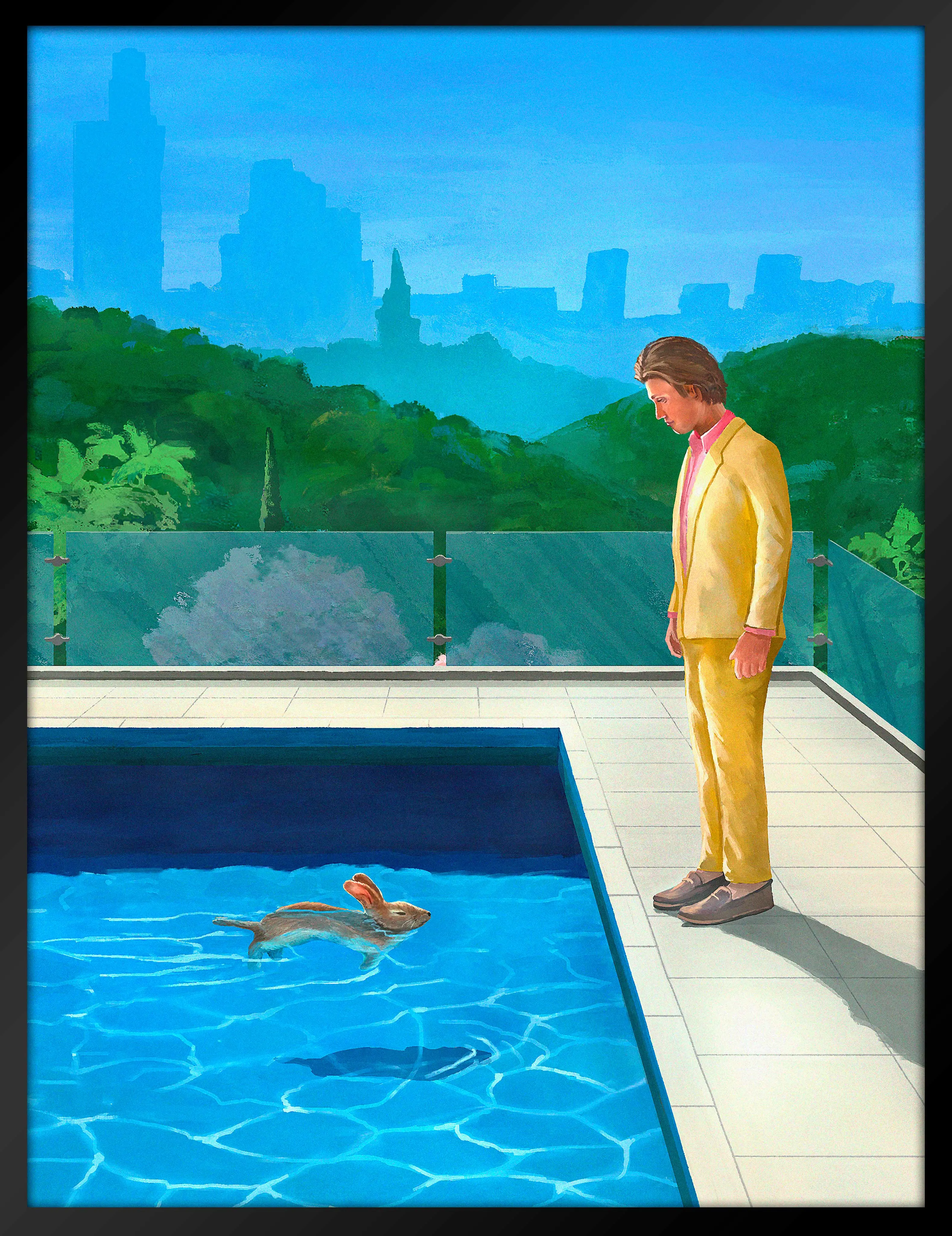 Tableau style David Hockney faisant référence à sa toile "Portrait of an Artist (Pool with Two Figures)", représentant un joueur de GTA Online regardant un lapin nager da la piscine de sa villa.