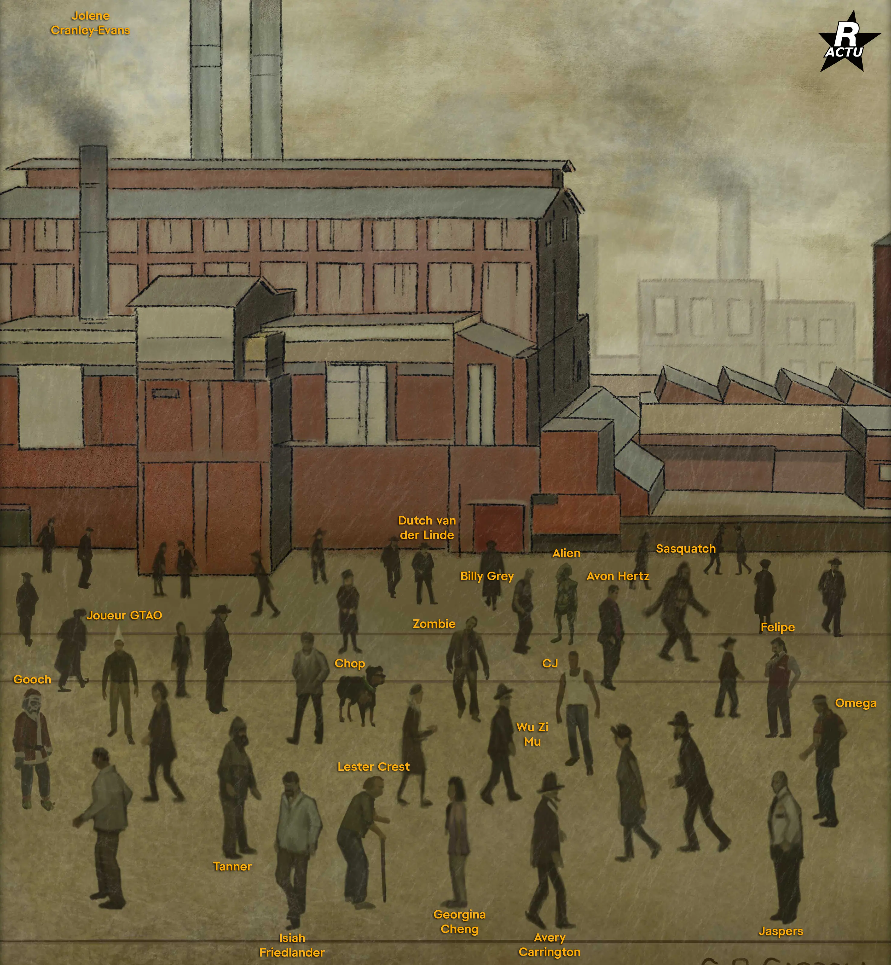 Tableau style L. S. Lowry avec des personnages de différents jeux de Rockstar Games, marchand devant cette usine. Cette image a été éditée pour y incorporer les noms des différents personnages pour les trouver plus facilement.