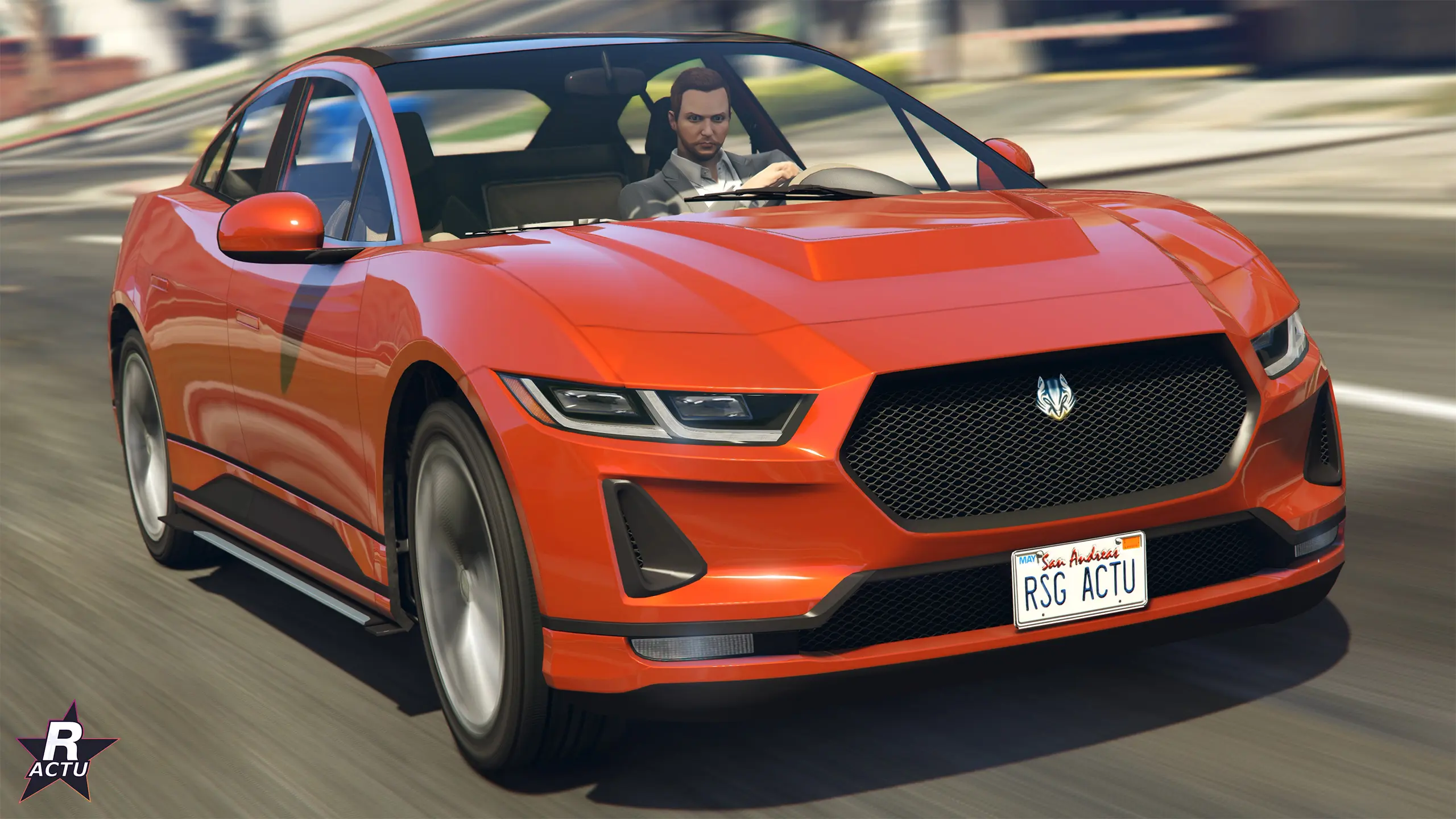 Ocelot E-Stride orange, vue de trois quarts avant en mouvement dans les rues de Los Santos