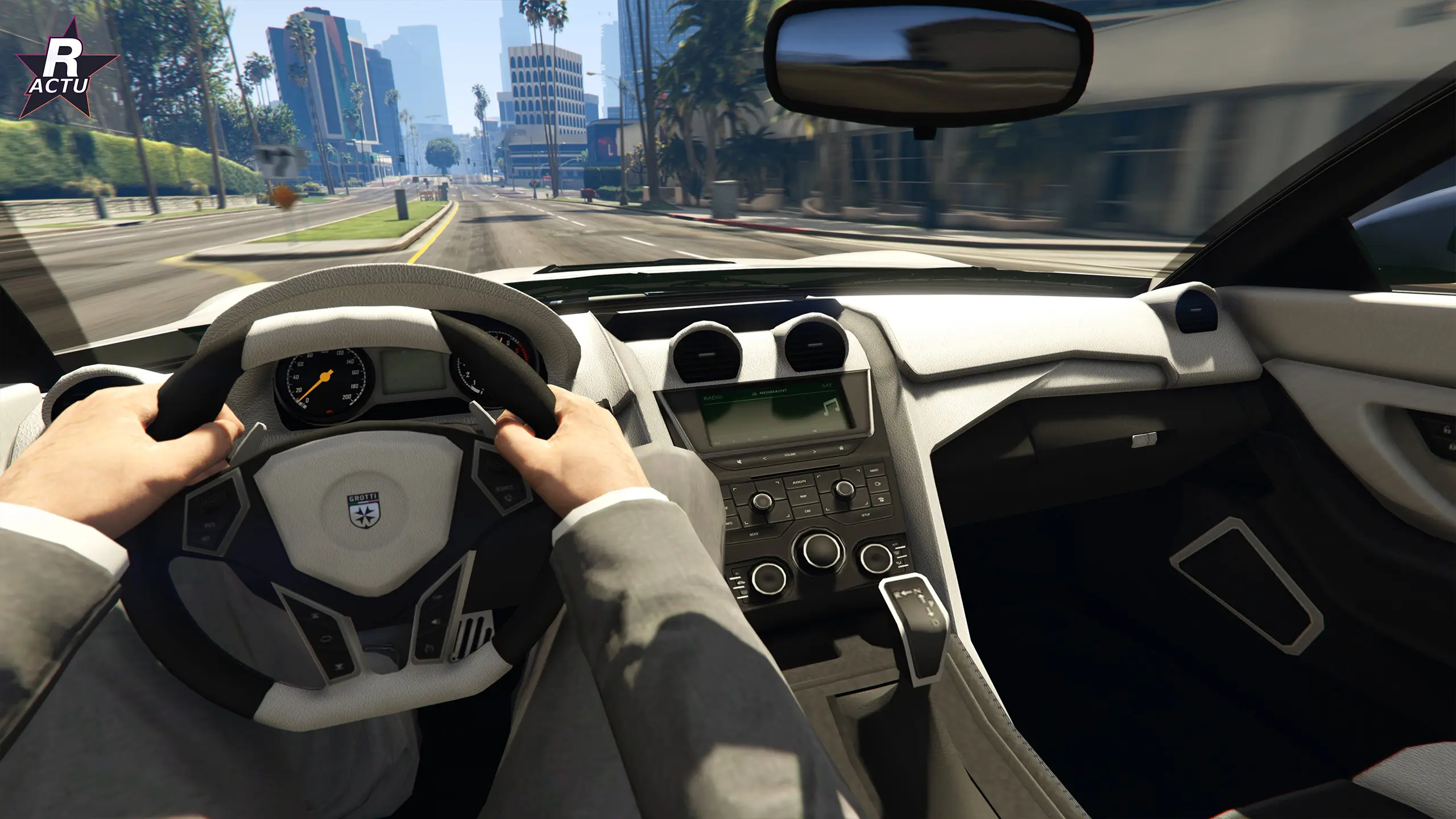 Intérieur de la Grotti Cartuccia GT à la première personne : volant Grotti, compteurs et console centrale