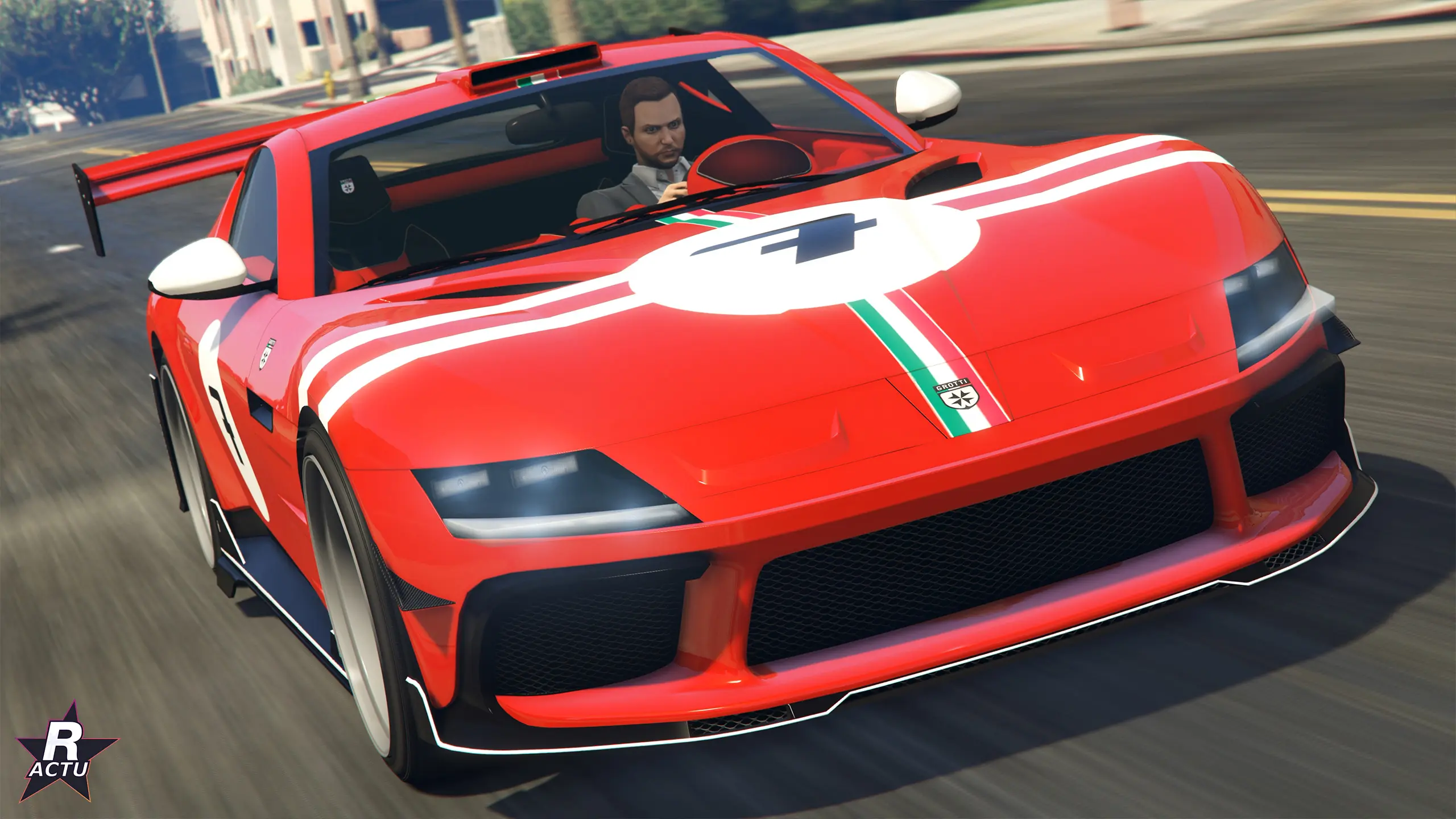 Grotti Cartuccia GT rouge Ă bandes blanches et tricolore italien, vue de trois quarts avant dans Los Santos