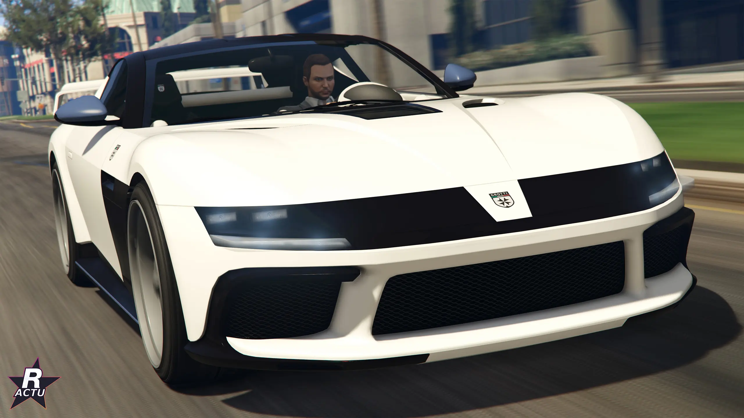 Grotti Cartuccia GT blanche Ă bande noire, vue de trois quarts avant dans Los Santos