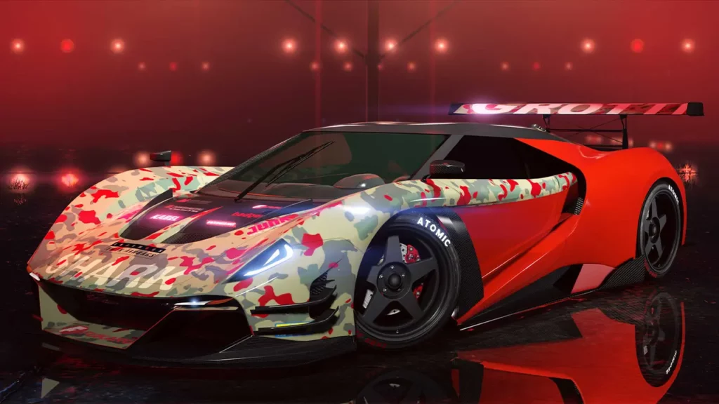 Vue avant de la voiture italienne de type supercar Grotti Veleno GT peinte en rouge au bord d'une piste de l'aéroport de Los Santos dans le jeu vidéo GTA Online.