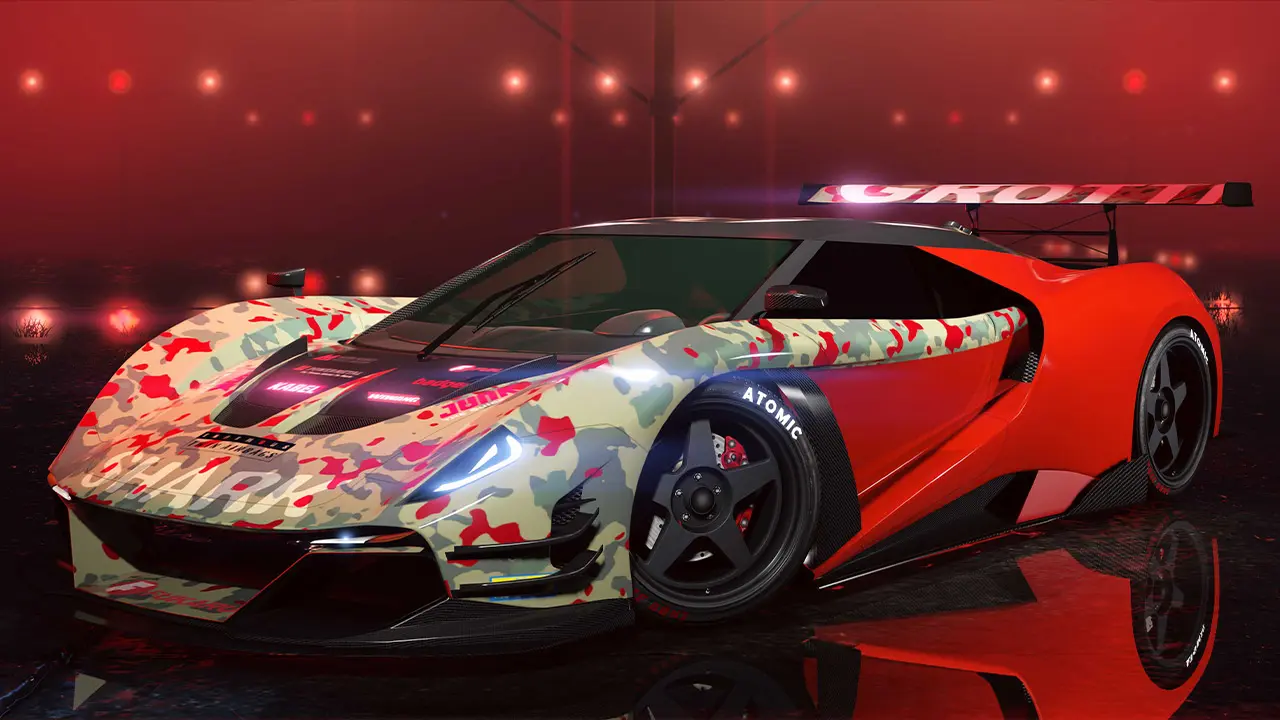 Vue avant de la voiture italienne de type supercar Grotti Veleno GT peinte en rouge au bord d'une piste de l'aéroport de Los Santos dans le jeu vidéo GTA Online.