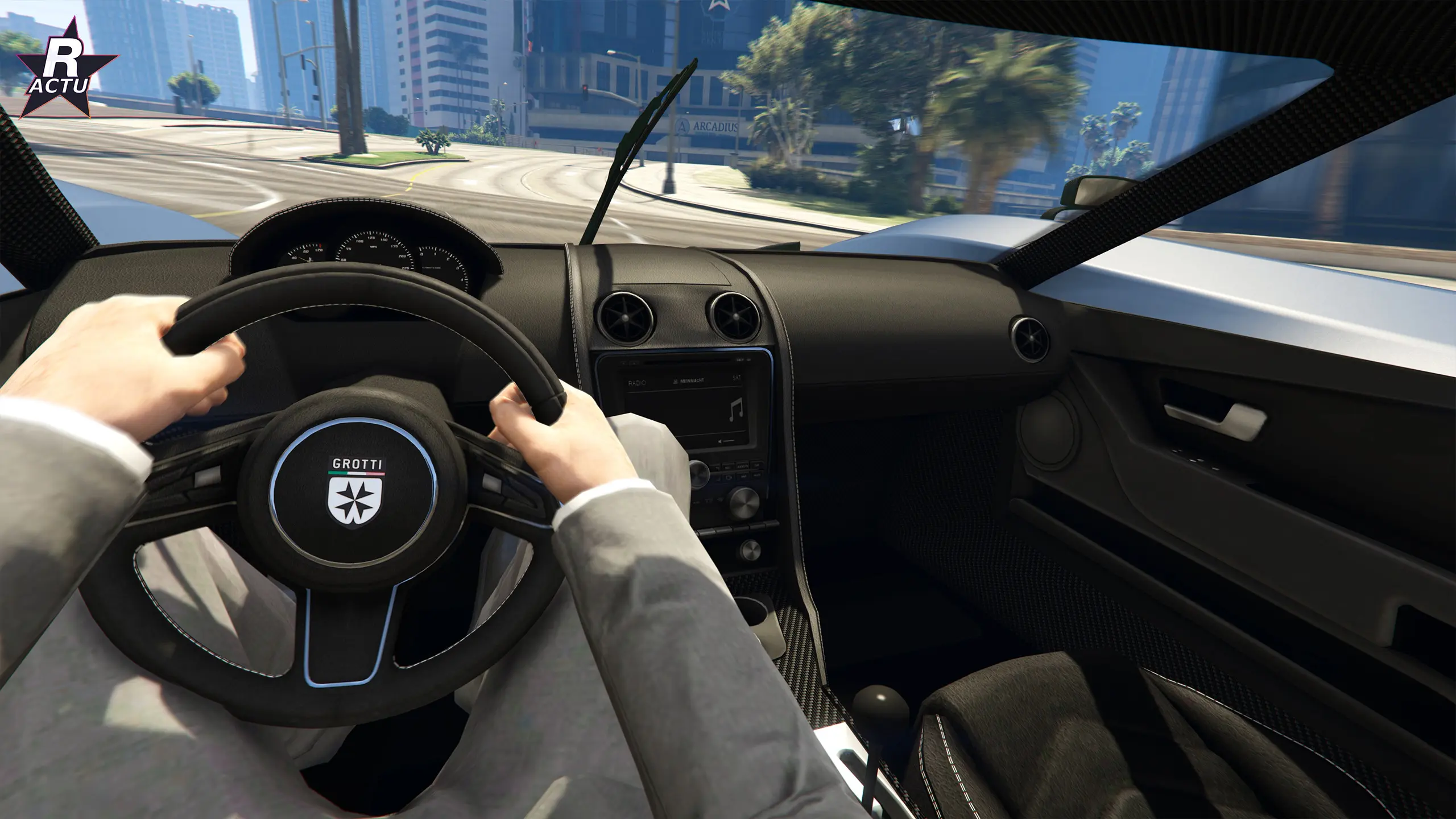 Intérieur de la Grotti Veleno GT à la première personne : volant Grotti et habitacle en carbone