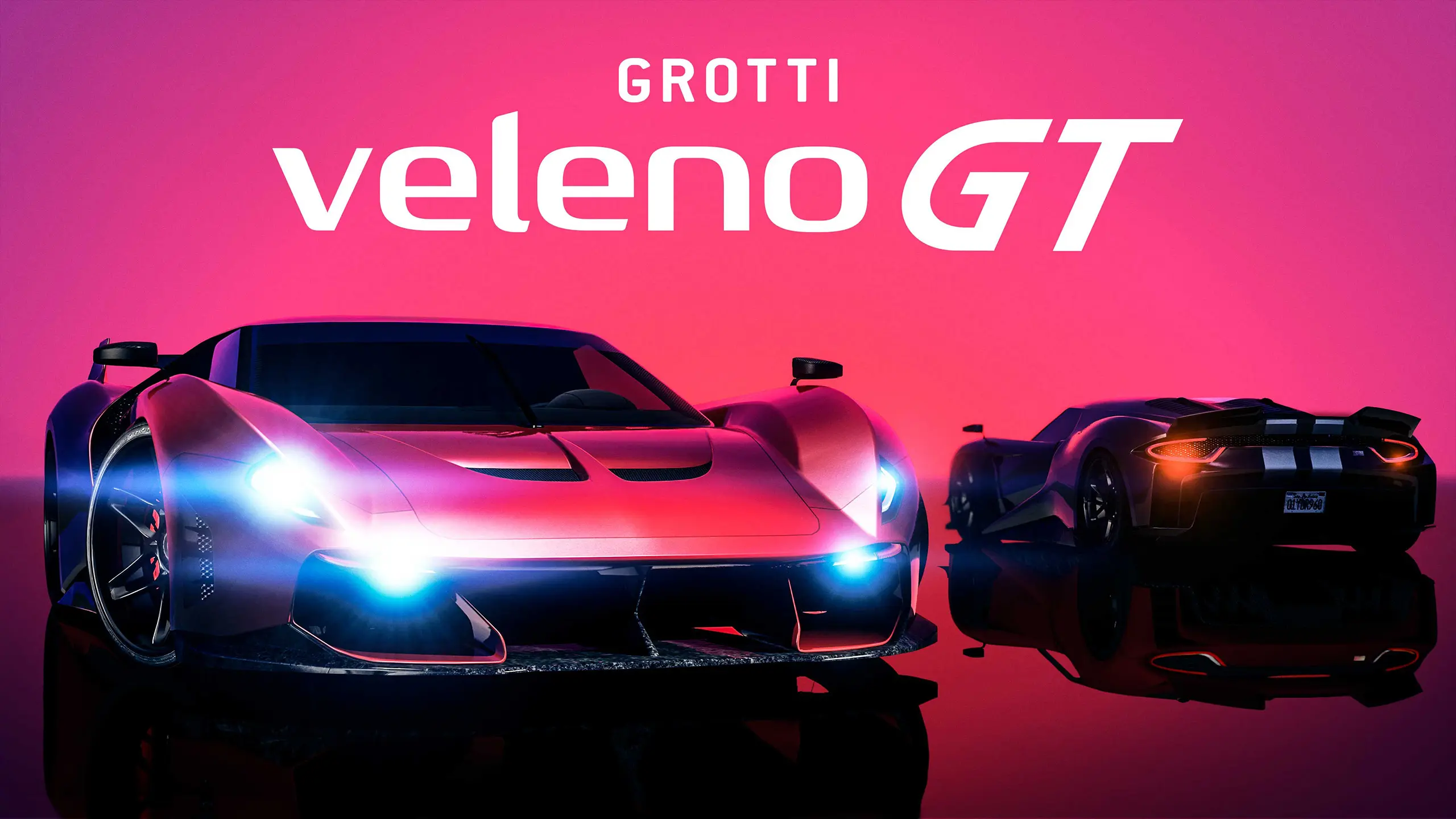 Image officielle de deux voitures Grotti Veleno GT, une de face et l'autre de trois quarts arrière, sur fond magenta