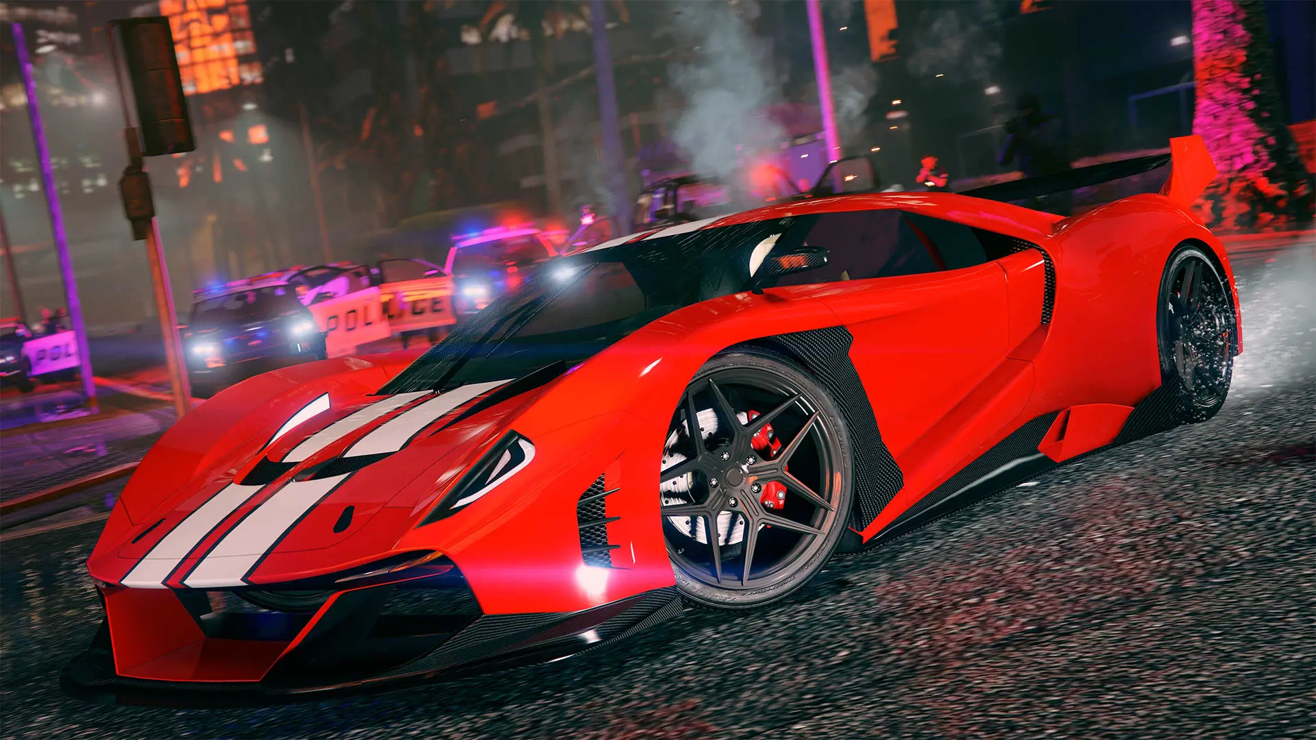 Voiture Grotti Veleno GT peinte en rouge vif dans le jeu vidéo GTA Online. Sur sa carrosserie, le véhicule dispose d'un motif de double bande blanche verticale en son centre.