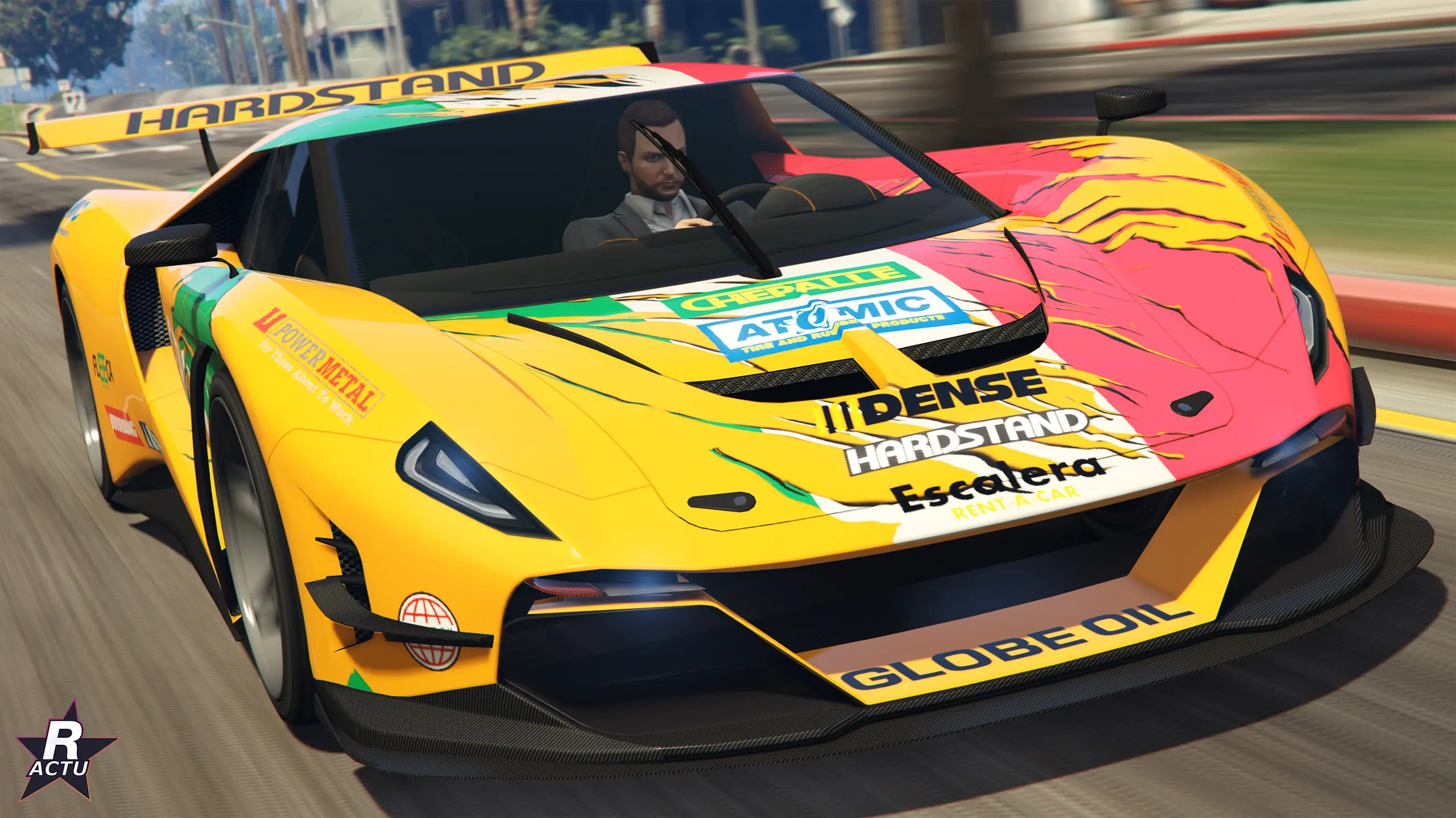 Grotti Veleno GT jaune en livrée course Hardstand, vue de trois quarts avant à Los Santos