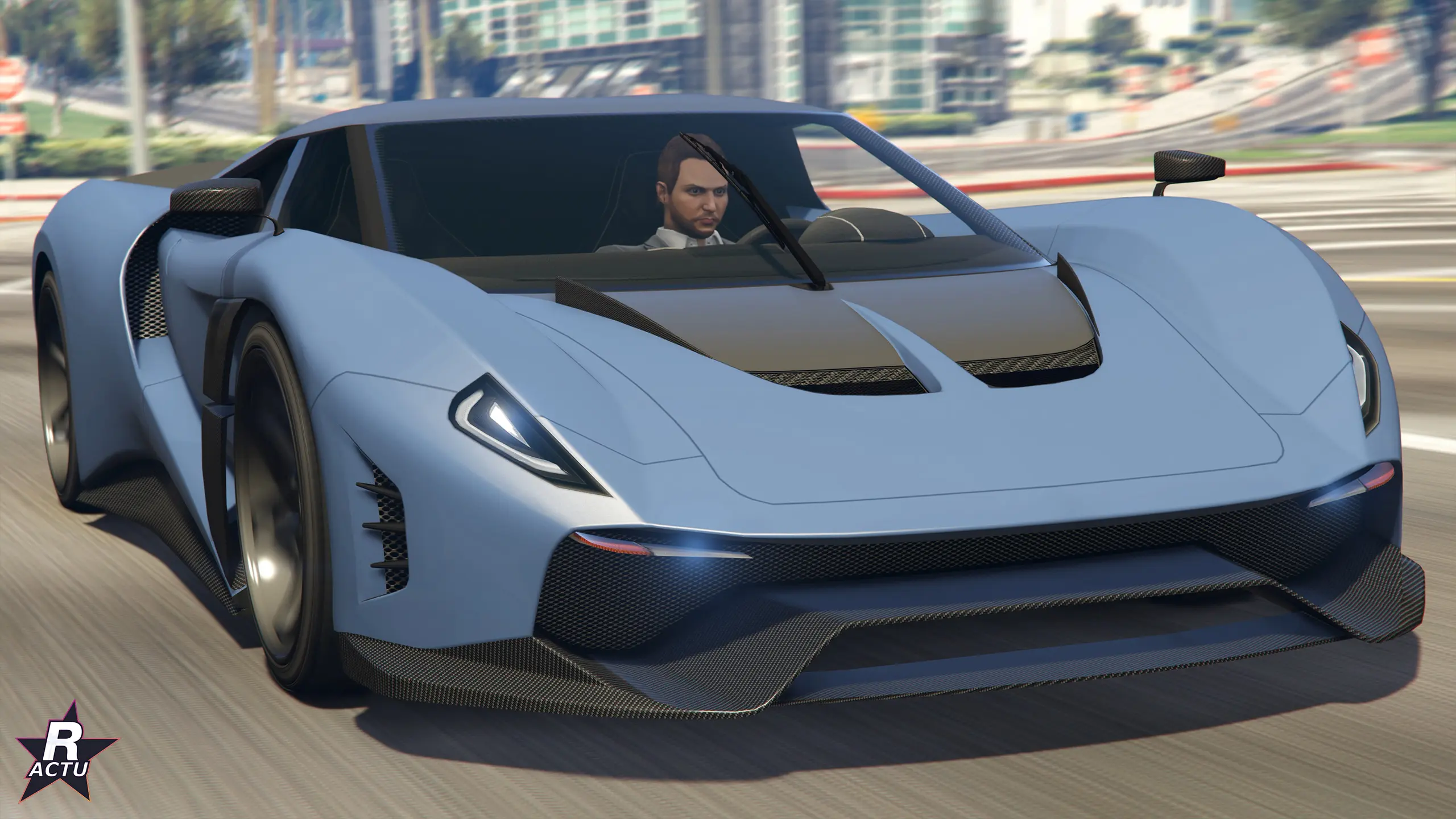 Grotti Veleno GT bleu-gris sans livrée, vue de trois quarts avant dans Los Santos