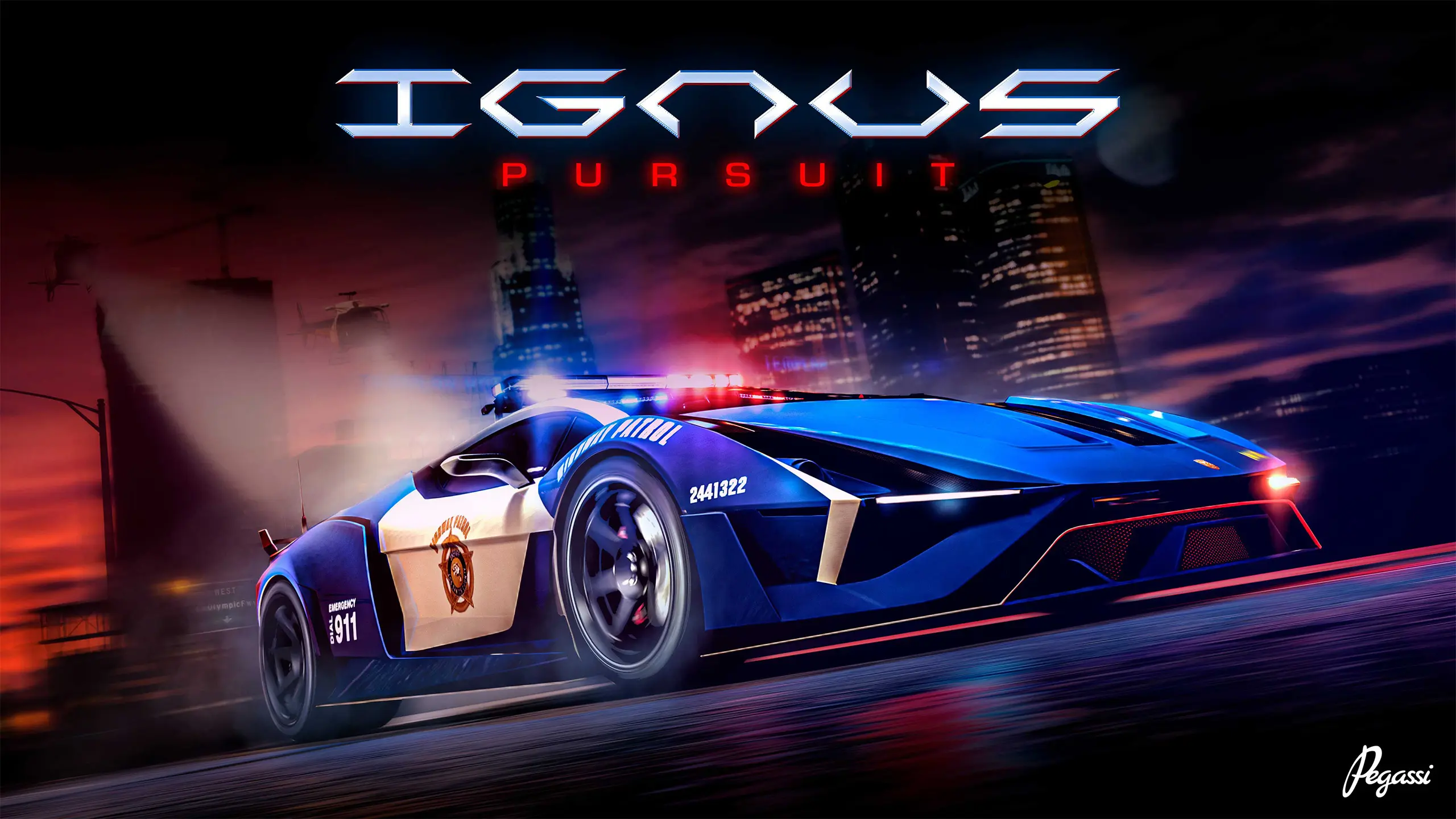 Image de la Pegassi Ignus de poursuite bleu et blanc, gyrophares allumés, lancé de nuit sur une route de Los Santos