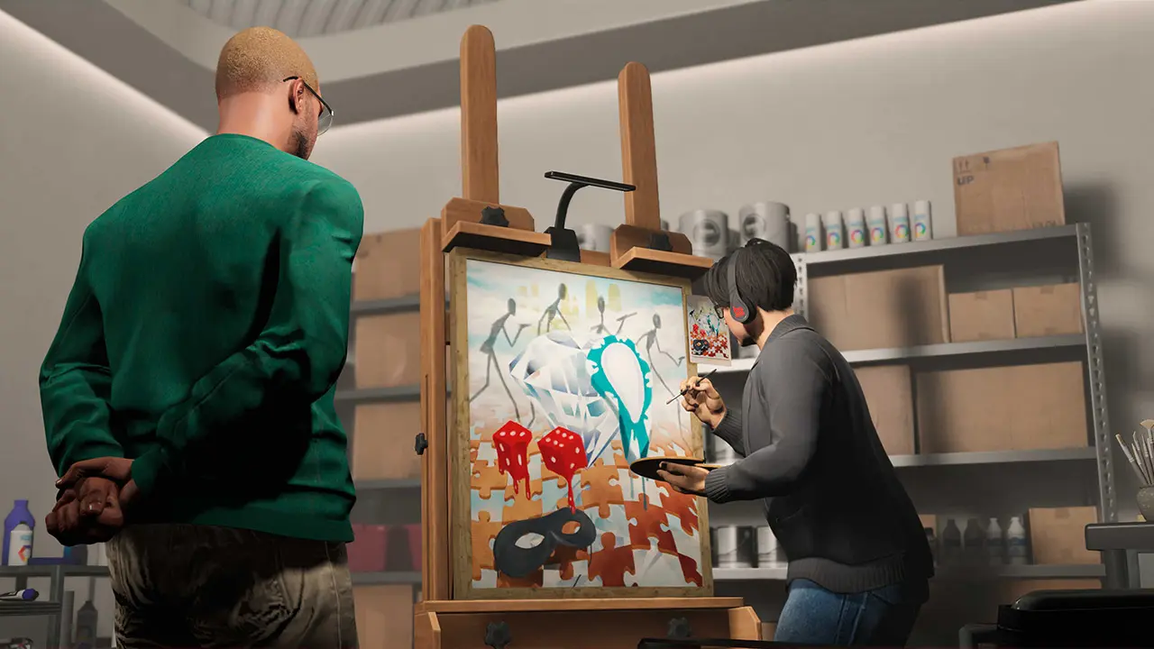 Un peintre réalisant un tableau dans l'atelier d'art d'un manoir d'un joueur qui admire sa toile dans Grand Theft Auto Online.