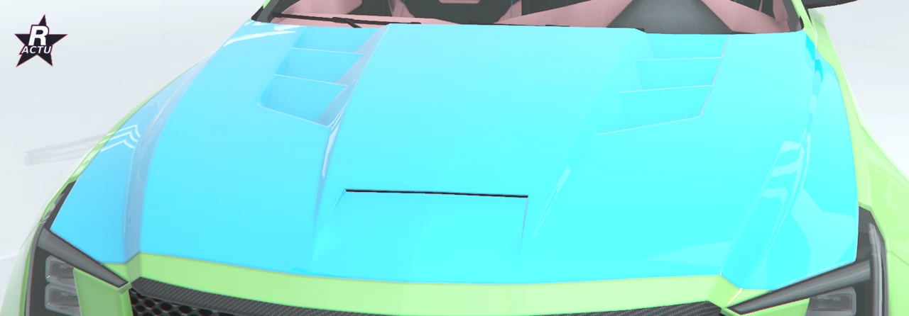 Capot GT dont les reliefs sont peints en bleu, la couleur 2, sur la Merula verte