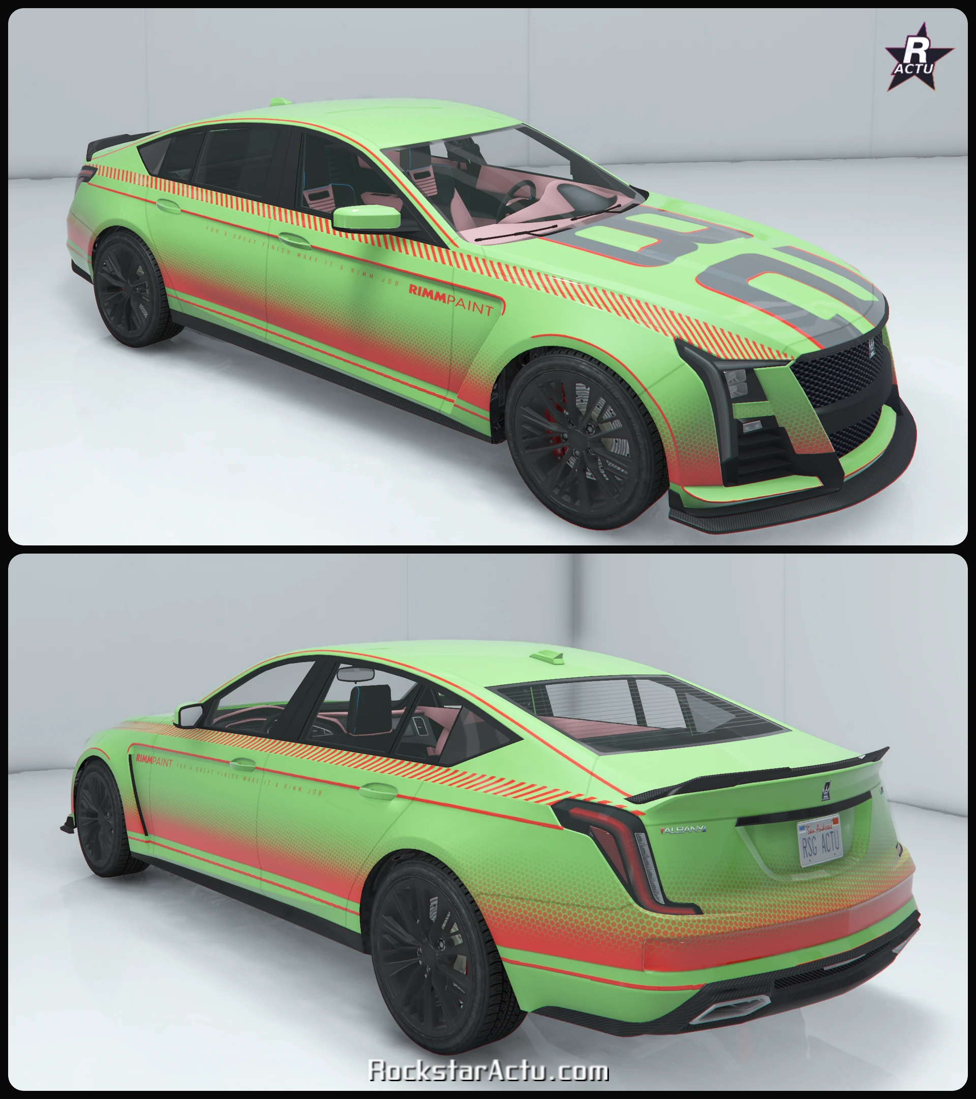Motif Rimm Paint sur la carrosserie verte de la Merula, avant et arrière