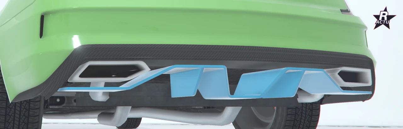 Diffuseur de course bleu tranchant sous l'arrière vert de la berline