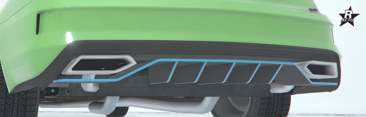 Diffuseur vert aux ailettes tranchées net, façon coupé sport, vu de dos