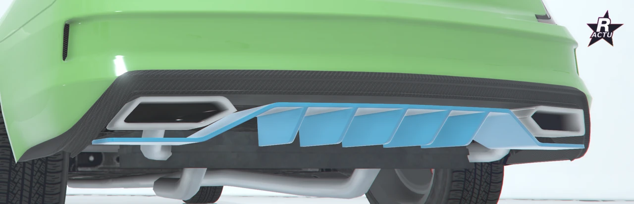 Diffuseur performant bleu sous le bouclier arrière vert, ailettes serrées