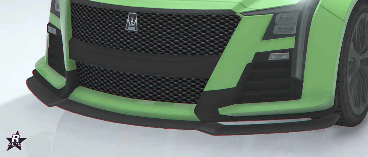 Lame verte plus marquée courant sous l'avant, gros plan trois quarts