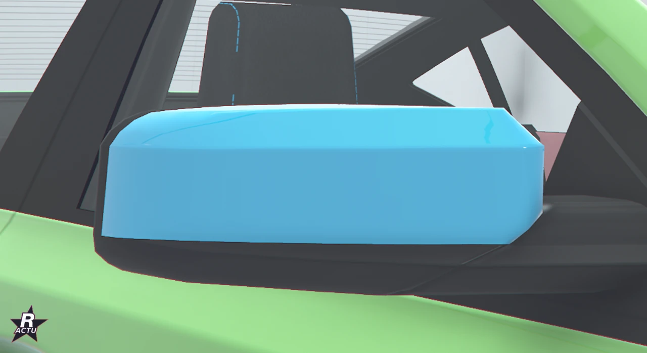 Rétroviseur à coque bleue, la couleur 2, tranchant sur la carrosserie verte