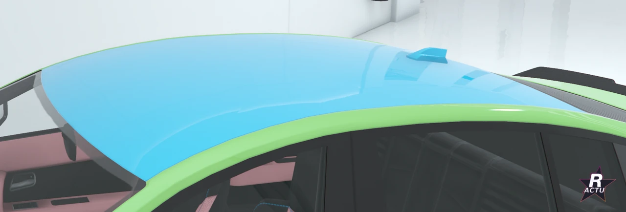 Toit peint en bleu, la couleur 2, contrastant avec la caisse verte