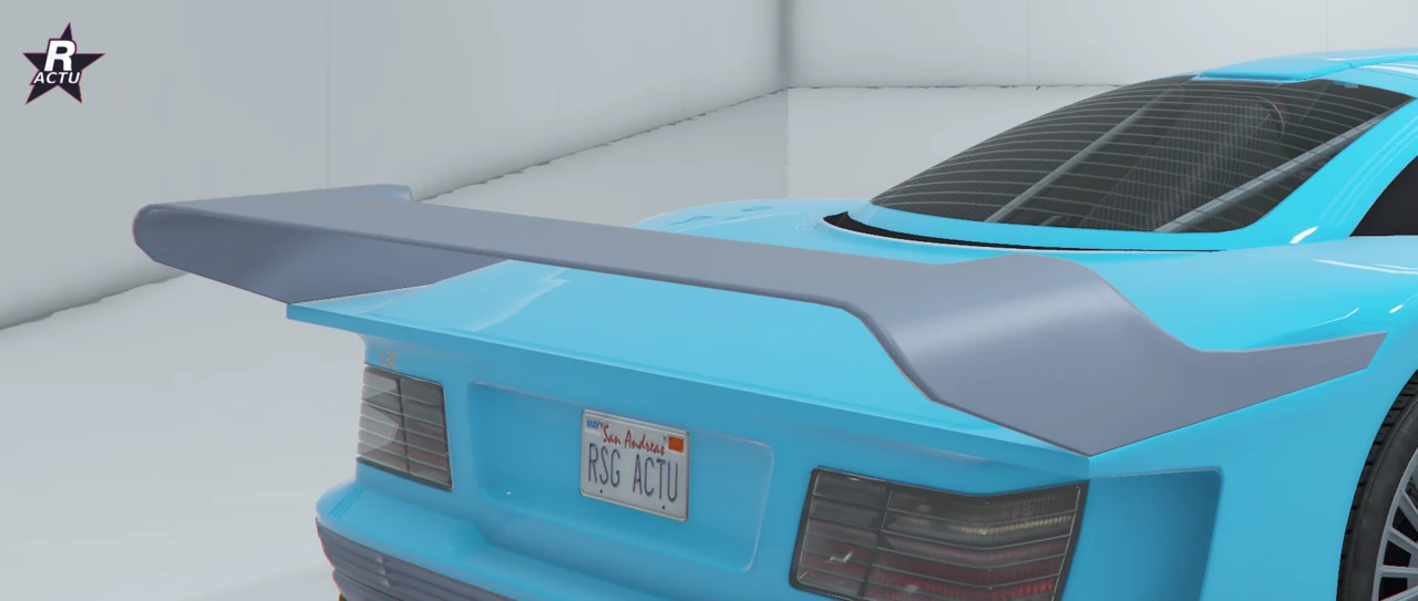 Vue 3/4 arriÚre du Benefactor LRC GT bleu cyan avec aileron XL surélevé sans rebord