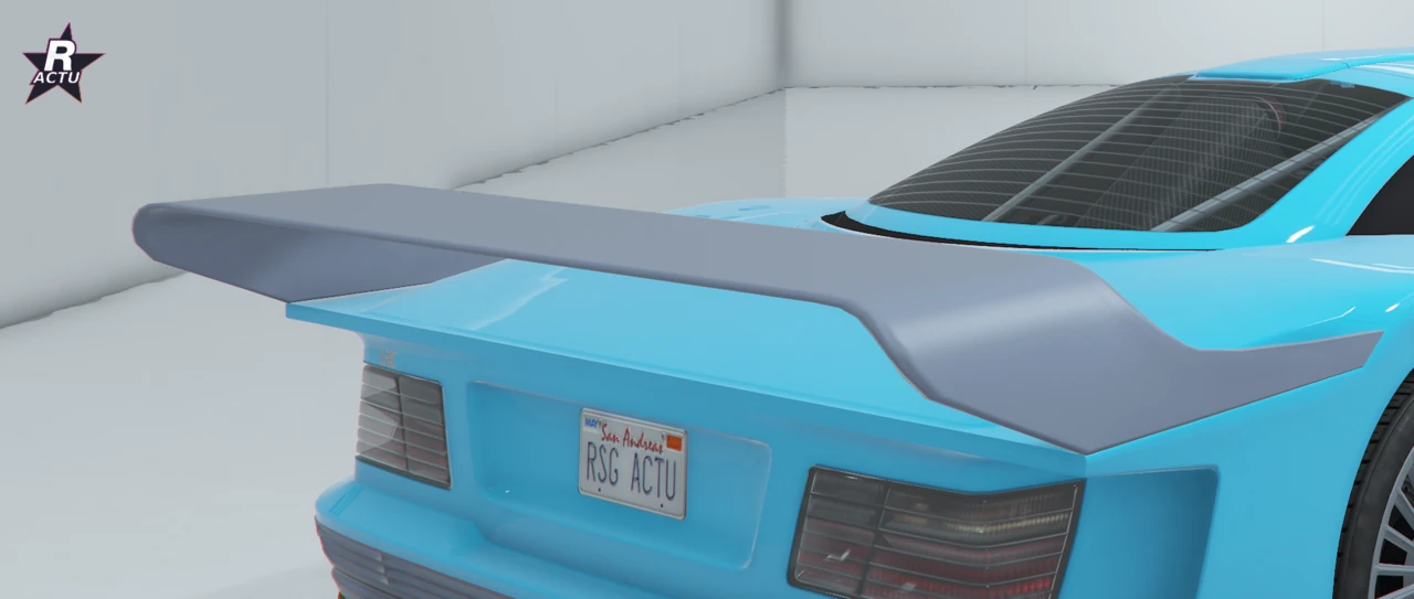 Benefactor LRC GT bleu cyan de 3/4 arriÚre équipé d'un aileron XL Mk II haut et épuré