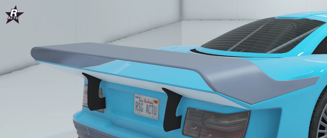 Benefactor LRC GT bleu cyan de 3/4 arriÚre avec aileron XL Mk II à rebord, profil affiné