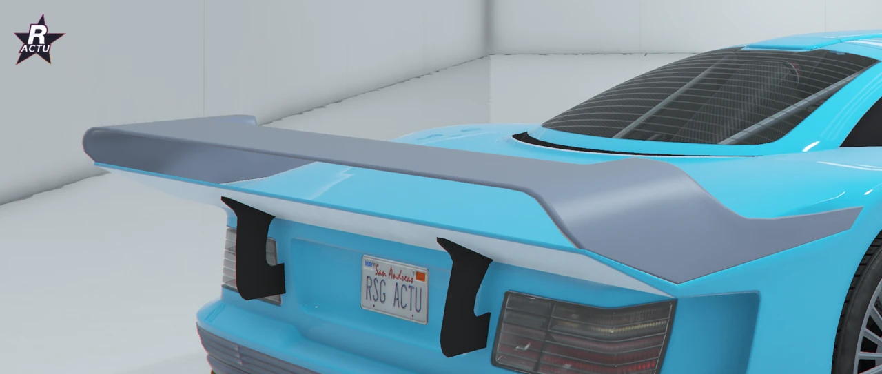Vue 3/4 arriÚre du Benefactor LRC GT bleu cyan doté d'un aileron XL bas à rebord relevé