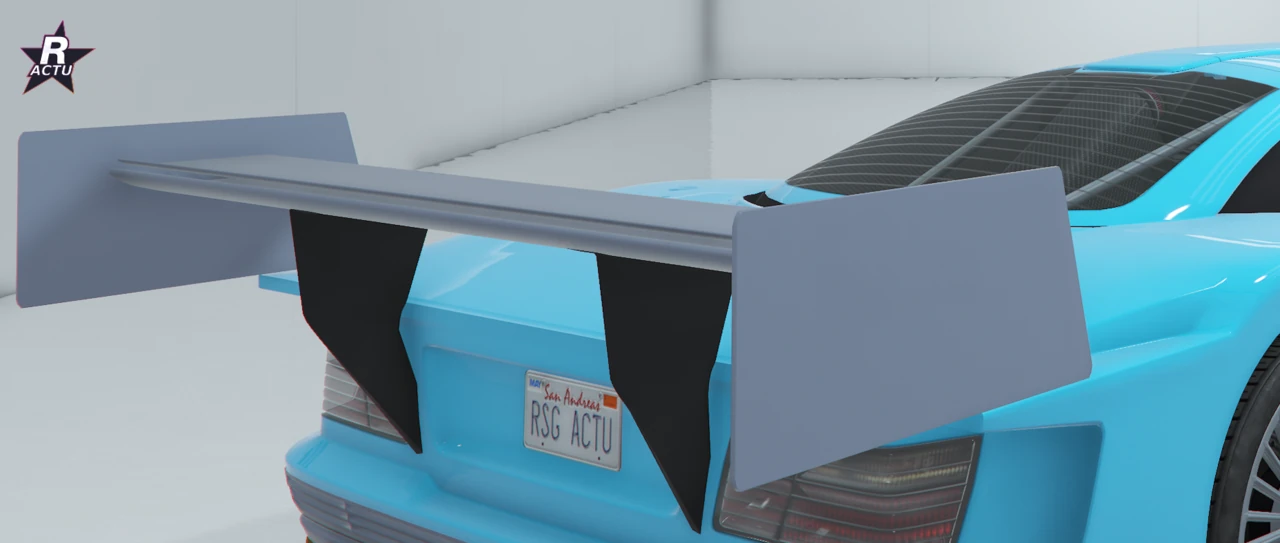 Benefactor LRC GT bleu cyan de 3/4 arriÚre avec aileron aérodynamique bas plaqué au capot