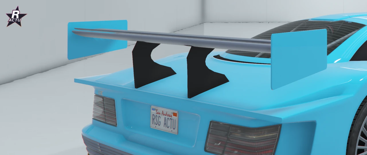 Benefactor LRC GT bleu cyan de 3/4 arriĂšre avec grand aileron de circuit GT sur montants