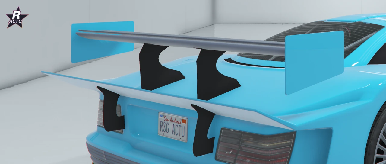 Vue 3/4 arriÚre du Benefactor LRC GT bleu cyan, grand aileron de circuit GT à rebord relevé