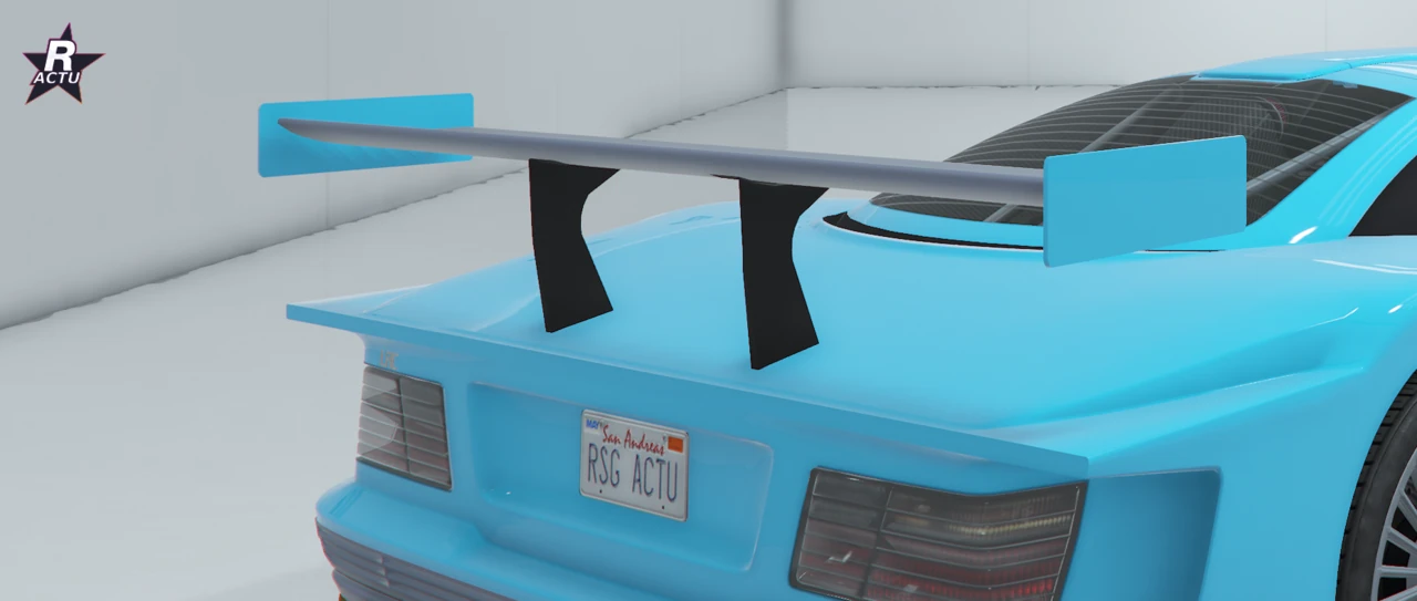 Benefactor LRC GT bleu cyan de 3/4 arriÚre avec aileron réduit GT plus compact sur montants