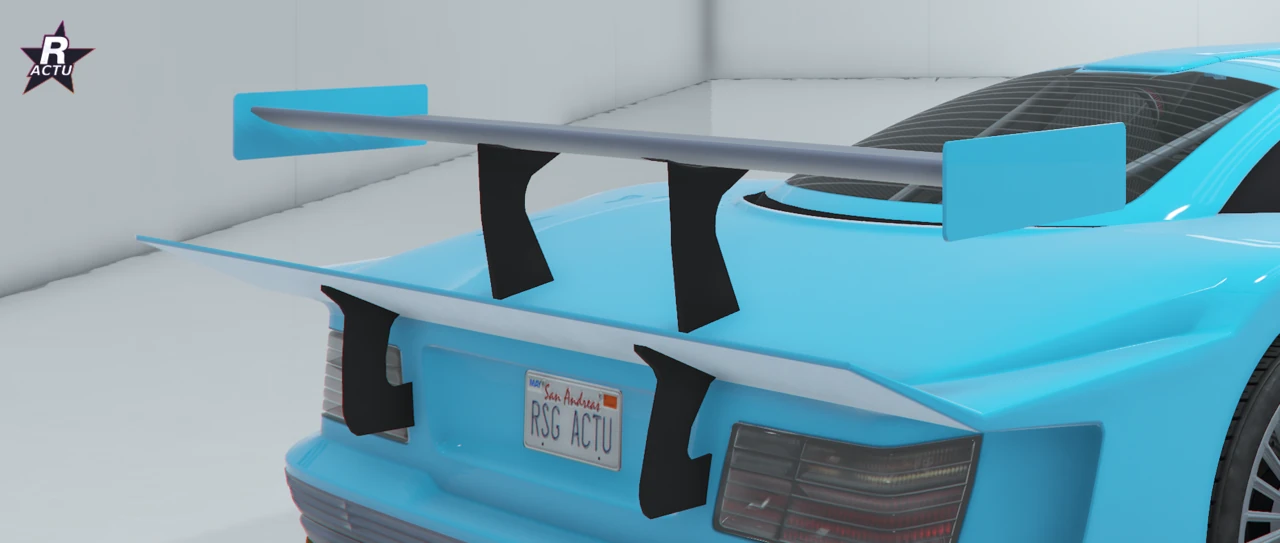 Vue 3/4 arriÚre du Benefactor LRC GT bleu cyan, aileron réduit GT compact à rebord relevé