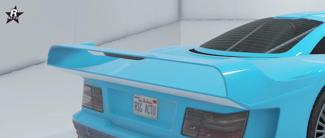 Benefactor LRC GT bleu cyan vu de 3/4 arriÚre sans aileron, carrosserie de série épurée