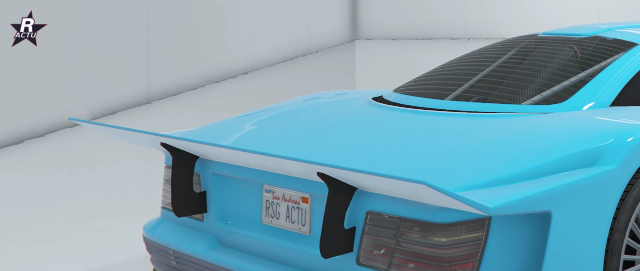 Vue 3/4 arriÚre du Benefactor LRC GT bleu cyan avec aileron Rebord Mk II à lÚvre marquée