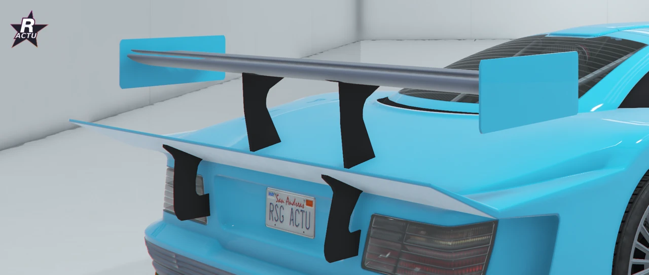 Benefactor LRC GT bleu cyan de 3/4 arriĂšre, grand aileron Surface x2 Ă rebord et double plan