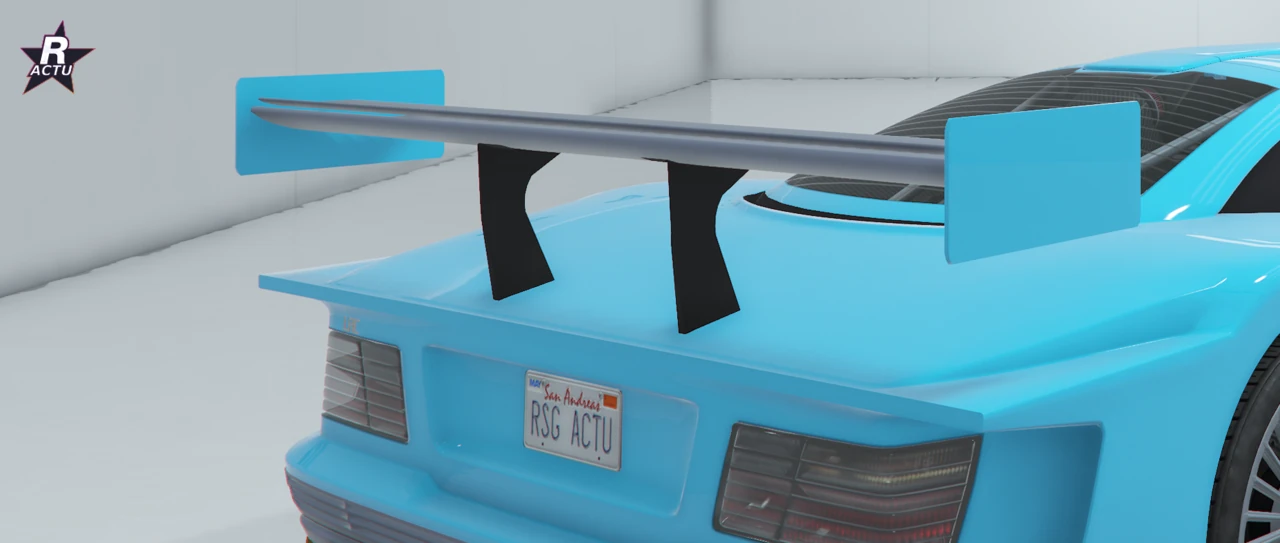 Vue 3/4 arriÚre du Benefactor LRC GT bleu cyan avec aileron Surface x2 réduit GT à double plan