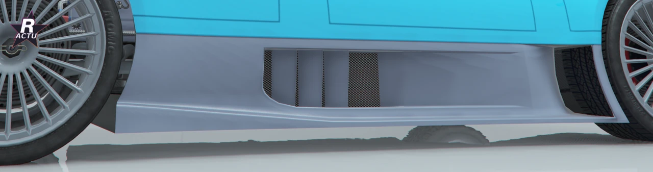 Vue de profil de la Benefactor LRC GT bleu cyan, bas de caisse de série gris entre les roues