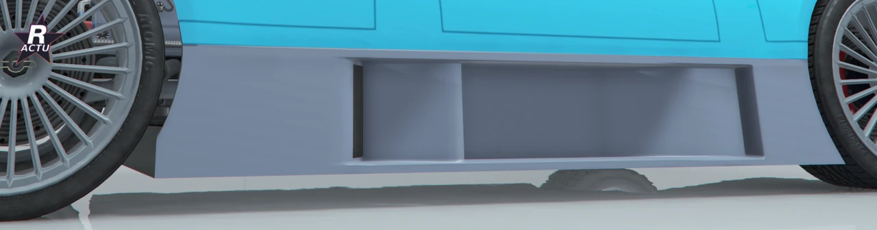 Profil du bolide Benefactor LRC GT bleu cyan, bas de caisse Stager GT Ă ailettes latĂ©rales gris apprĂȘt
