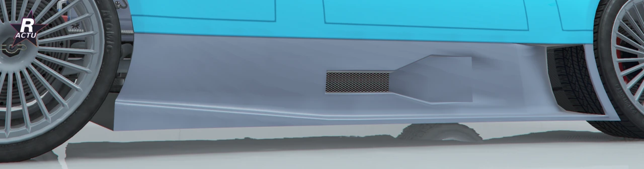 Vue latĂ©rale du bolide Benefactor LRC GT, bas de caisse Syphon avec aĂ©ration sculptĂ©e gris apprĂȘt