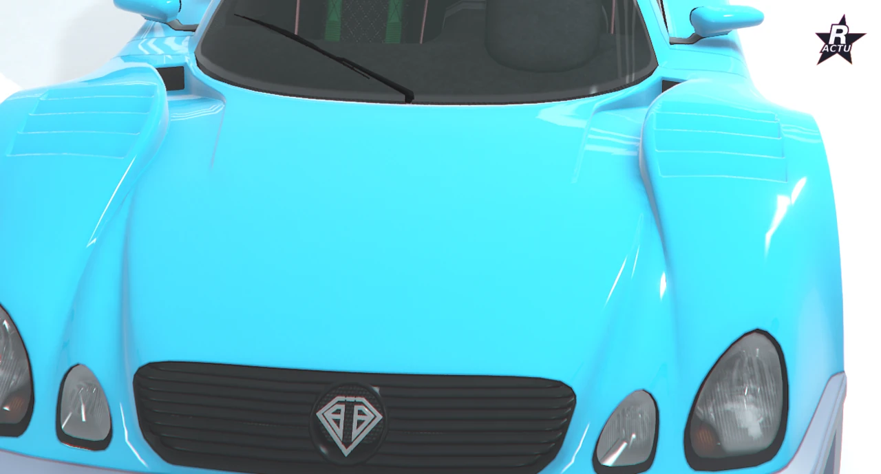 Capot aérodynamique GT profilé à l'avant de la Benefactor LRC GT bleu cyan, vue de face