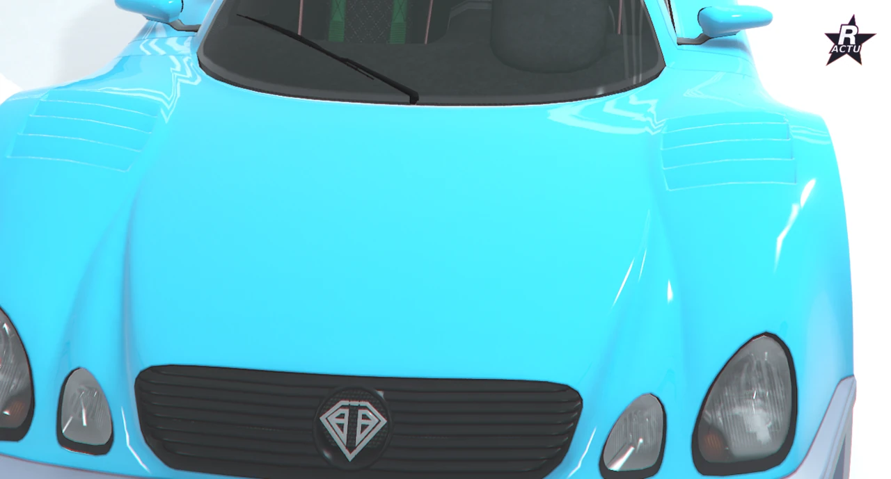Capot ventilé à extracteurs d'air sur la face avant de la Benefactor LRC GT bleu cyan, vue de face