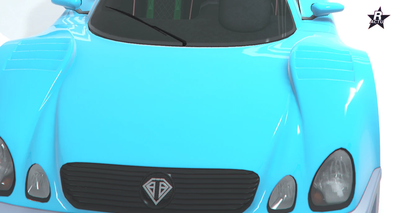 Capot ventilé Mk II aux aérations élargies sur l'avant de la Benefactor LRC GT bleu cyan, vue de face